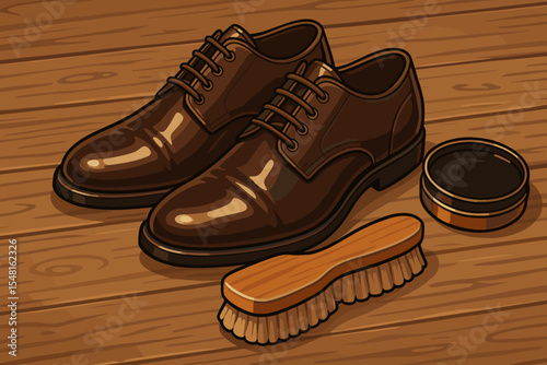 Elegant polished brown leather shoes with shoeshine brush and black polish tin on rustic wooden floor. Realistic vector illustration for footwear care, shoe maintenance, fashion accessories concept
