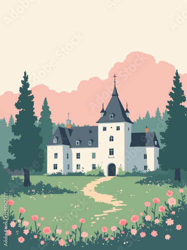 Mönchengladbach, Germany - Abteiberg Museum, Bunter Garten, Schloss Rheydt in modern white, floral pink, castle gray, and forest green