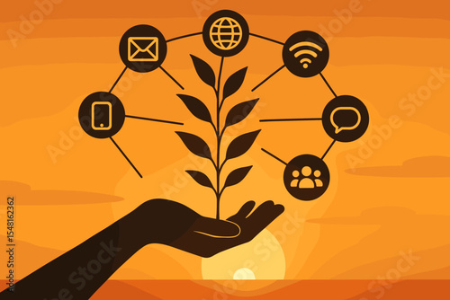 Silhouette of Hand Nurturing Plant with Digital Network Communication Icons at Sunset. Technology Growth, Internet Connectivity, Social Media, Mobile Devices, Online Communication Concept Vector