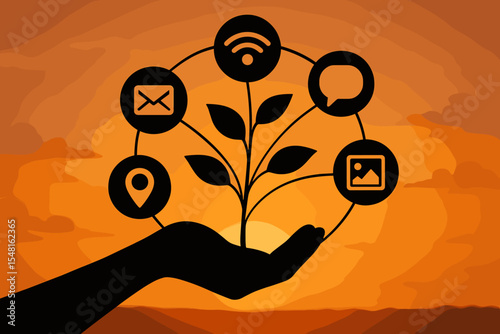 Silhouette hand nurturing plant with connected communication icons, network growth, internet technology, connectivity, digital media, social network concept at vibrant sunset background vector