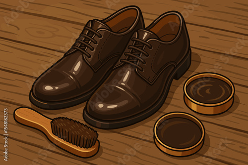 Elegant polished leather dress shoes with wooden shoe brush, open tins of brown polish, gleaming footwear maintenance on rustic wood floor, detailed vector cartoon illustration for cleaning concepts