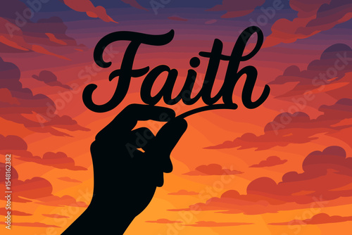 Inspirational Silhouette Hand Holding Faith Word with Sunset Sky, Hopeful Spiritual Concept, Uplifting Religion Theme, Motivational Sunrise Clouds Vector Illustration, Belief and Mindset Art