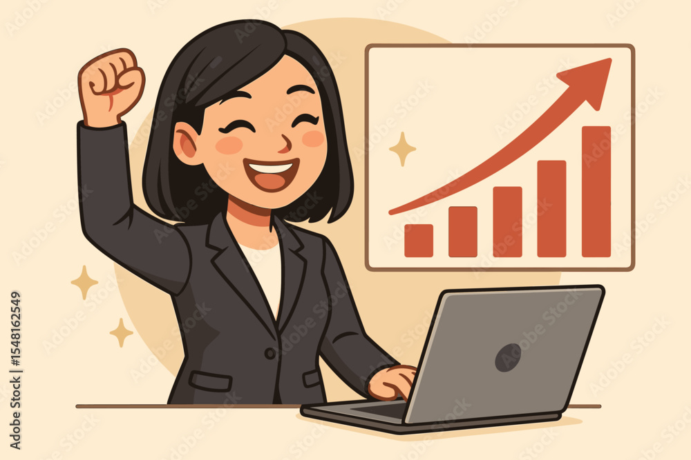 Confident Asian businesswoman celebrating sales growth, raising fist in victory, using laptop at office desk, bar chart with upward arrow, success motivation, achievement, modern vector illustration Confident Asian businesswoman celebrating sales growth, raising fist in victory, using laptop at office desk, bar chart with upward arrow, success motivation, achievement, modern vector illustration