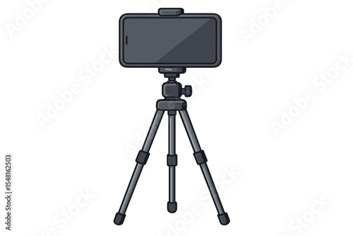 Smartphone on tripod vector illustration. Mobile device photography setup. Camera phone mounted on tripod stand. Isolated clean white background. Filming, vlogging, streaming equipment concept