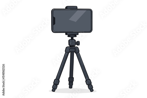 Modern smartphone mounted on adjustable tripod isolated on white background. Cartoon vector illustration of mobile phone photography setup. Vlogging, video recording, livestreaming, content creation