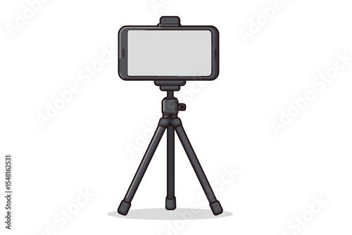 Smartphone mounted on adjustable tripod stand for photography and video recording. Mobile phone holder, content creator equipment, live streaming, vlogging, isolated on white. Vector illustration