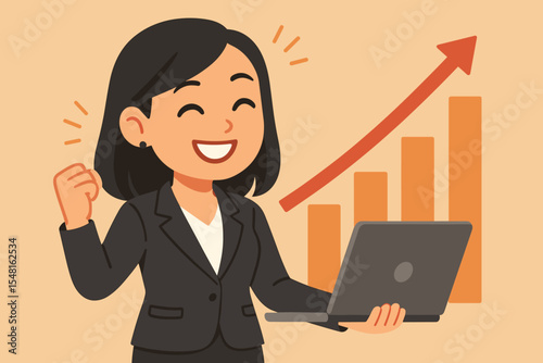 Confident Asian businesswoman celebrating sales growth with laptop, upward bar chart, success concept. Female executive, financial achievement, career progress, vector cartoon illustration