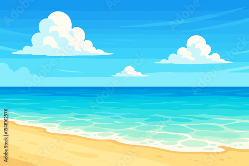 Idyllic Tropical Beach with Soft Golden Sand, Crystal Clear Blue Sea, Bright Sunny Summer Sky, Fluffy White Clouds, Seaside Horizon, Relaxing Vacation Vector Cartoon Illustration