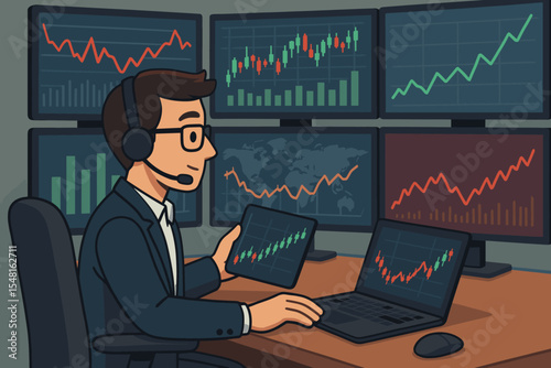 Financial market analyst at workstation with multiple monitors, analyzing stock charts, trading data, digital tablet and laptop, modern office, investment management, business strategy concept