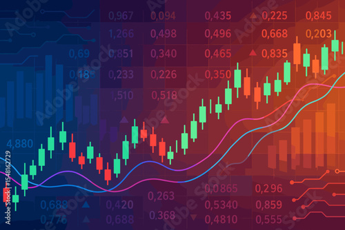 Stock market financial data analysis vector illustration with forex trading graphs, candlestick chart, colorful technology lines, digital investment background, analytic indicators, business growth