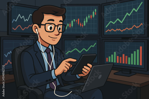 Financial analyst trading stocks on tablet and laptop in monitoring room with multiple screens showing bullish and bearish charts, market data, investment trends, professional business cartoon