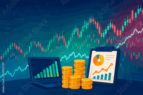 Stock market data analysis with forex trading candlestick charts, rising bar graph dashboard, business investment concept with gold coin stacks, pie chart and growth line on clipboard, tech background