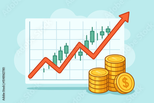 Financial growth chart with upward trend arrow, candlestick stock market analysis graph, stacked gold coins, investment profit concept, cartoon vector illustration, economic success, wealth increase