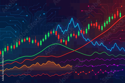 Stock market financial analysis with candlestick charts, forex trading graphs and colorful visualization on technology circuit background for investment concept, trading analytics, vector illustration