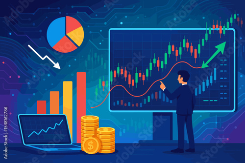 Stock market financial data visualization with forex trading candlestick chart, bar graph, laptop chart, stacked coins, rising arrow on digital technology background, investment vector illustration