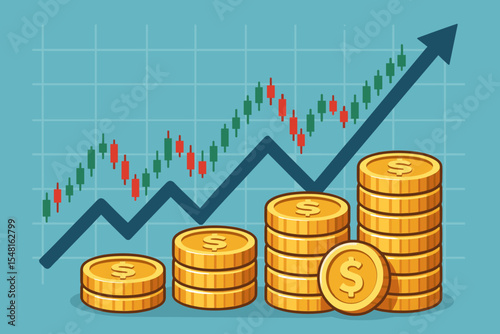 Financial growth concept. Vector cartoon stacks of gold coins, stock market graph, candlestick chart, investment analysis, rising profit, economic success, wealth, trading, currency illustration