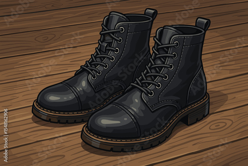 Black Leather Lace-Up Combat Boots on Rustic Wooden Floor, Realistic Vector Illustration, Classic Fashion Footwear, Durable Stylish Mens Shoes, Outdoor Hiking, Urban Street Style Design