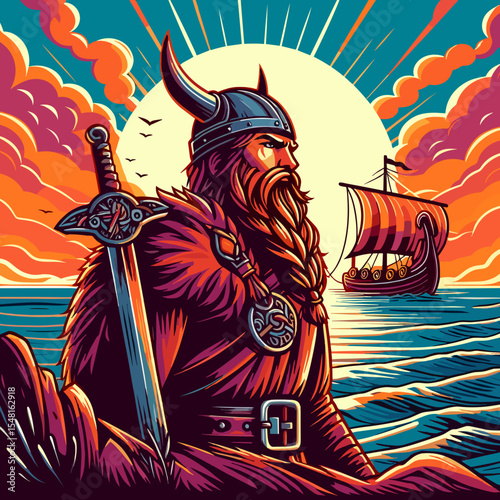Viking warrior with a sword overlooking the sea and a ship against a colorful sunset background