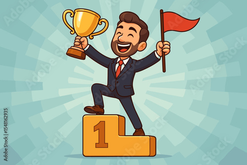 Victorious businessman celebrating success on first place podium holding golden trophy and flag. Cartoon vector illustration of corporate triumph, achievement, winner concept, victory celebration.