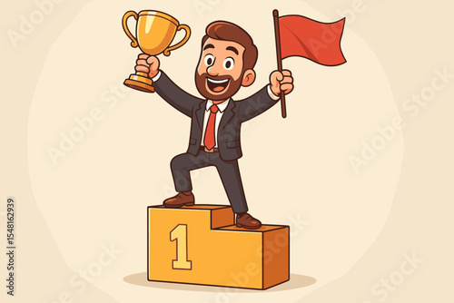 Businessman Standing on Winner Podium Holding Gold Trophy and Red Flag Celebrating Success, Leadership Achievement, First Place Victory, Motivation and Accomplishment Concept Vector Illustration
