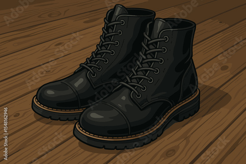 Classic black leather lace-up men’s boots on vintage wooden floor. Realistic vector illustration. Footwear fashion, stylish masculine shoes, rugged outdoor style. High detail, no text.