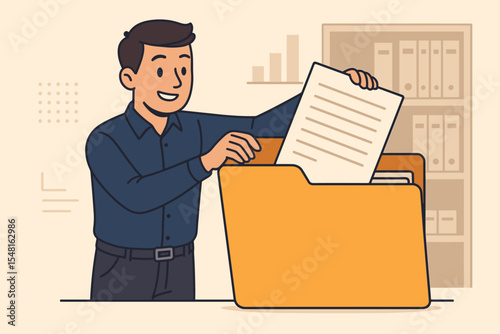 Smiling male office worker organizing documents. Filing papers in large folder. Office document management, file organization, paper storage system, corporate data indexing. Vector illustration