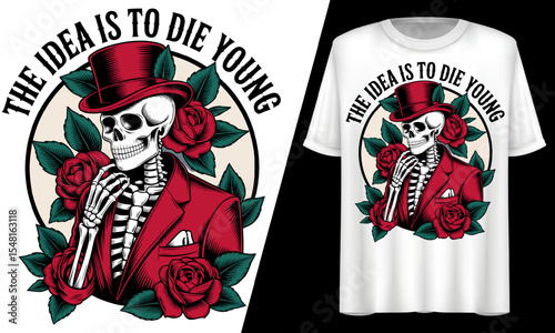 Skeleton in Red Suit with Roses, Gothic, T-Shirt Design.
