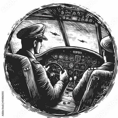 Vintage-style illustration of pilots in a cockpit flying an aircraft with a view of the sky and planes