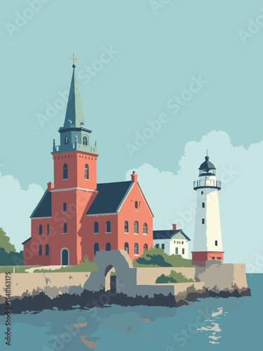 Rostock, Germany - St Mary's Church, Kröpeliner Tor, Warnemünde Lighthouse in red brick, gate gray, white lighthouse, and Baltic blue