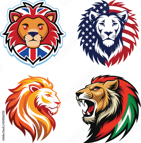 Set of Animals head and face vector tiger lion fox owl color USA UK CANADA Color on a white background