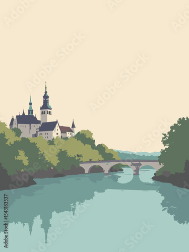 Saarbrücken, Germany - Saarbrücken Castle, Ludwigskirche, Saar River in pale stone, church white, bridge gray, and river teal