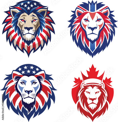 Set of Animals head and face vector tiger lion fox owl color USA UK CANADA Color on a white background