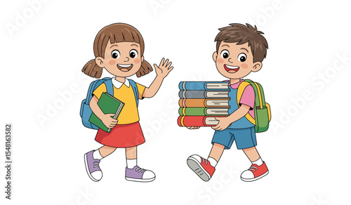 Happy cartoon school kids carrying books and backpacks