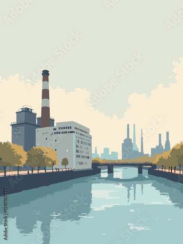 Ludwigshafen, Germany - Wilhelm-Hack-Museum, Rhein-Galerie, BASF Plant View in white mosaic wall, river blue, gray industrial, and modern beige