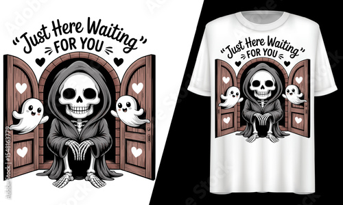  Skeleton Waiting with Ghosts, Just Here Waiting for You, T-Shirt Design.
