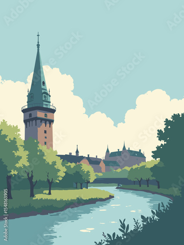 Mülheim, Germany - Camera Obscura, Aquarius Water Museum, MüGa-Park in tower white, museum gray, park green, and river Ruhr blue
