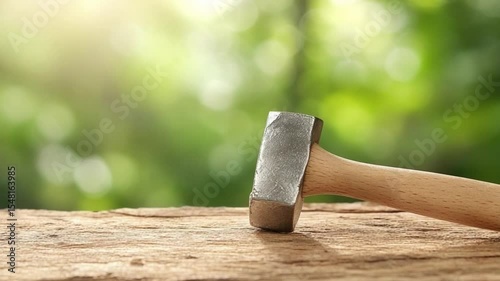 Hammer on Wooden Surface: Capturing the essence of craftsmanship and manual labor, this image features a sturdy hammer resting on a weathered wooden surface, set against a backdrop of lush greenery.