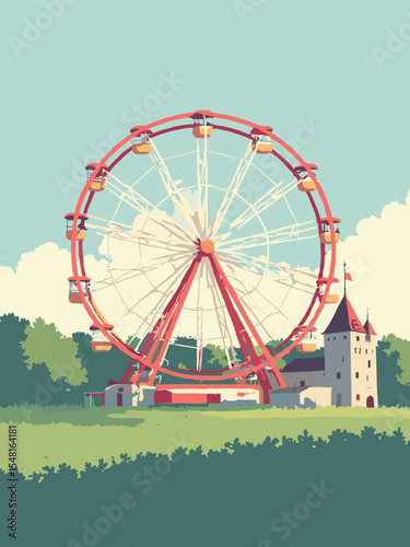 Herne, Germany - Cranger Kirmes Ferris Wheel, LWL-Museum, Schloss Strünkede in carnival red, castle beige, museum gray, and green fields