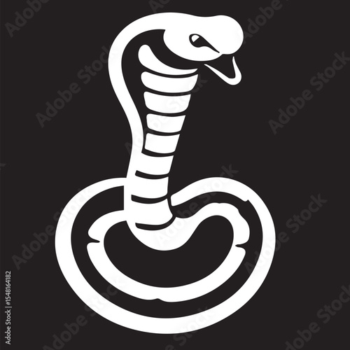 
White vector illustration of a coiled cobra snake with its hood flared, symbolizing danger, wisdom, or a powerful emblem.