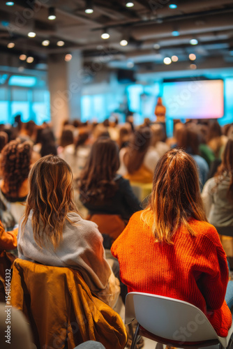 Colorful crowd watching female presenter during modern conference