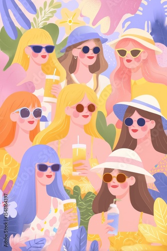 Group of young women enjoying drinks in summer outfits, surrounded by tropical leaves.