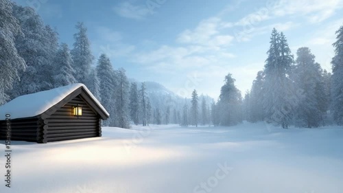 Winter Cabin Serenity: A serene winter scene unfolds, with a cozy cabin nestled amidst a snow-covered forest, the warm light emanating from its window creating a contrast against the cool.