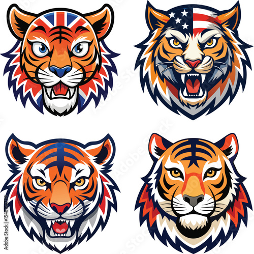 Set of Animals head and face vector tiger lion fox owl color USA UK CANADA Color on a white background