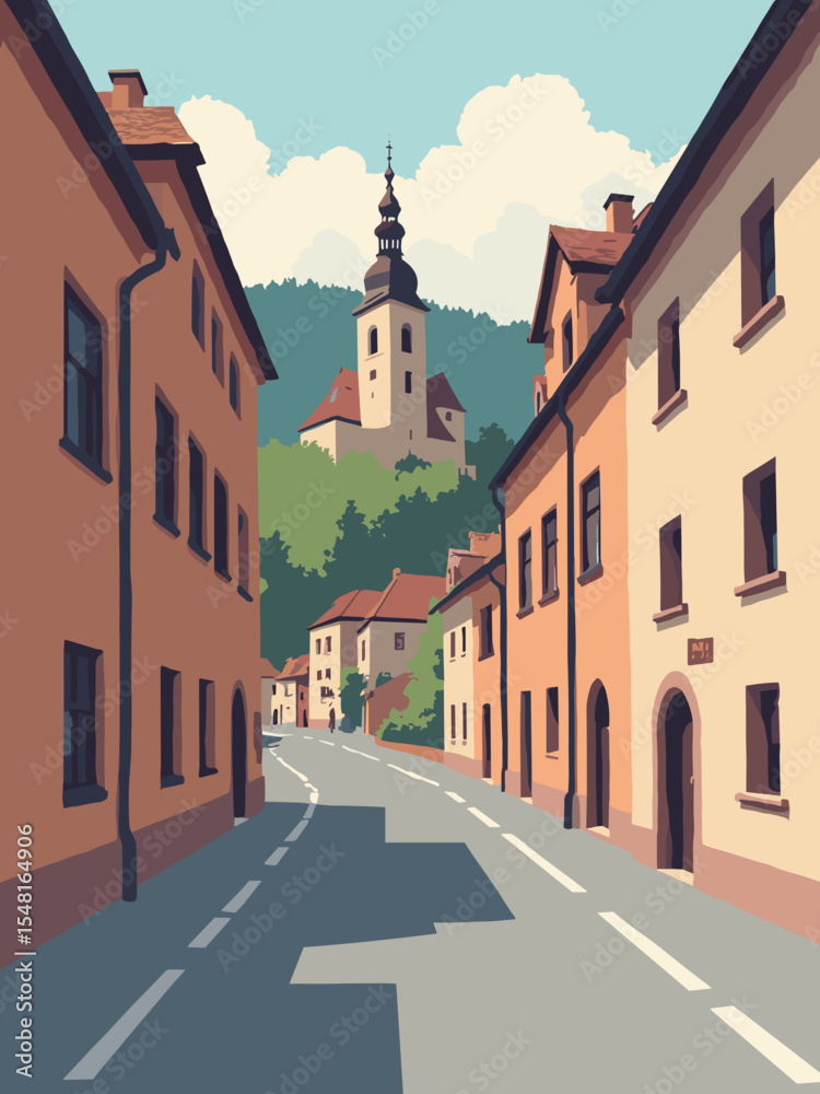 Obraz premium Reutlingen, Germany - Spreuerhofstraße, Achalm Castle Ruins, Marienkirche in brick brown, narrow lane gray, church beige, and hilly green