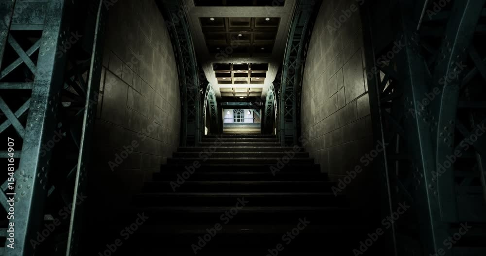 A wide staircase descends into a dark area, with ornate structural elements visible. Soft light glows from the top, illuminating the way to an entrance at the end.