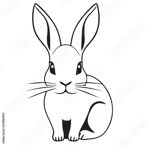 Black and white vector illustration of a cute rabbit, facing forward with long ears, perfect for nature, pet, or animal-themed designs.