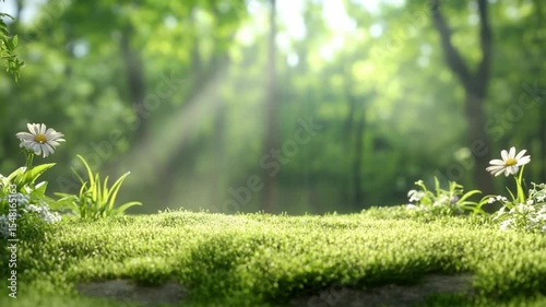 Sun-Kissed Wilderness: A serene forest scene bathes in soft sunlight, showcasing vibrant green moss, delicate wildflowers, and towering trees, creating a peaceful and enchanting natural setting.