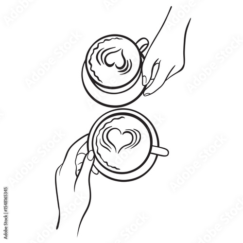 Minimalist line drawing of two hands holding coffee cups with heart-shaped latte art. Clean black outline illustration representing warmth, morning, and connection