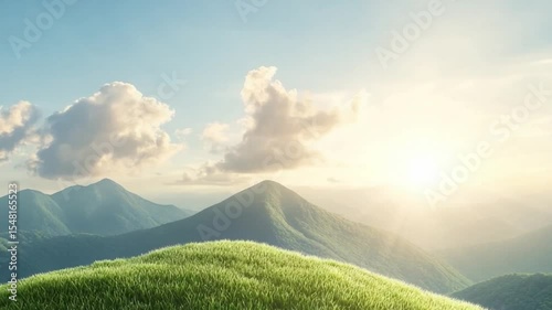 Hillside Sunrise: A panoramic vista unfolds, showcasing rolling green hills bathed in the soft glow of sunrise, with fluffy clouds adding to the idyllic scene.