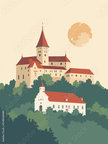 Siegen, Germany - Upper Castle, Nikolaikirche, Siegerlandmuseum in fortress beige, red dome, museum white, and wooded green